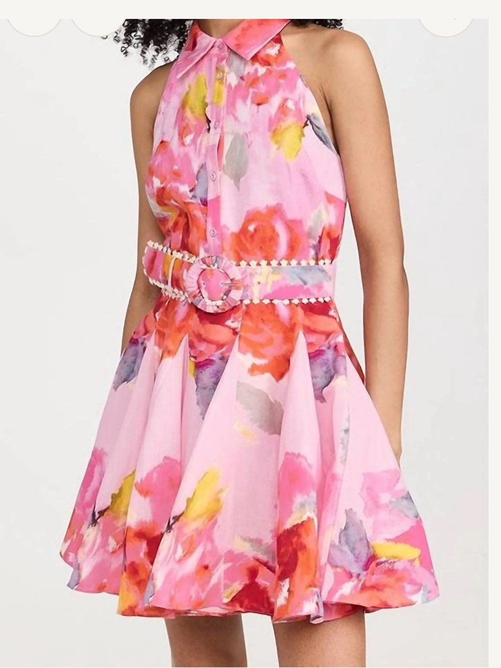 HEMANT & NANDITA Pink Floral Halter Dress with Pearl Belt - Picture 3 of 4